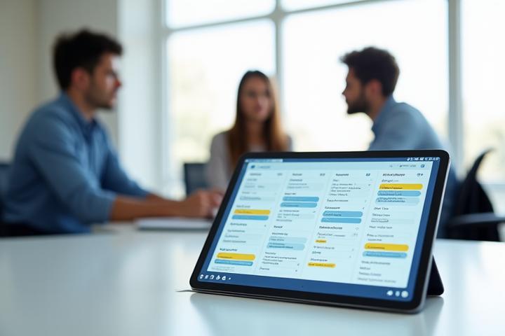 Un calendario digital con eventos marcados y personas colaborando en un entorno moderno, simbolizando la facilidad de agendar y la productividad.