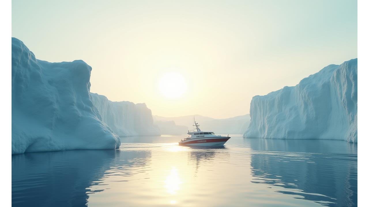 Paisaje polar minimalista con glaciares y un pequeño bote, simbolizando destinos frescos y la migración climática.