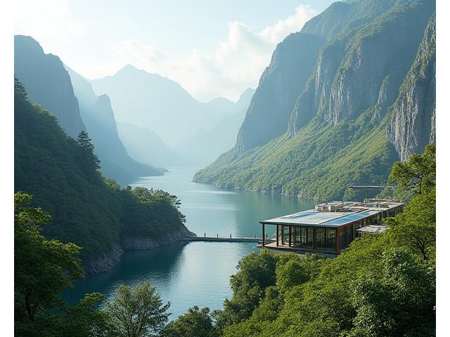 Imagen de un desarrollo de infraestructura moderna y sostenible integrado en un paisaje natural, con paneles solares y edificios de bajo impacto, simbolizando diseño climate-smart.