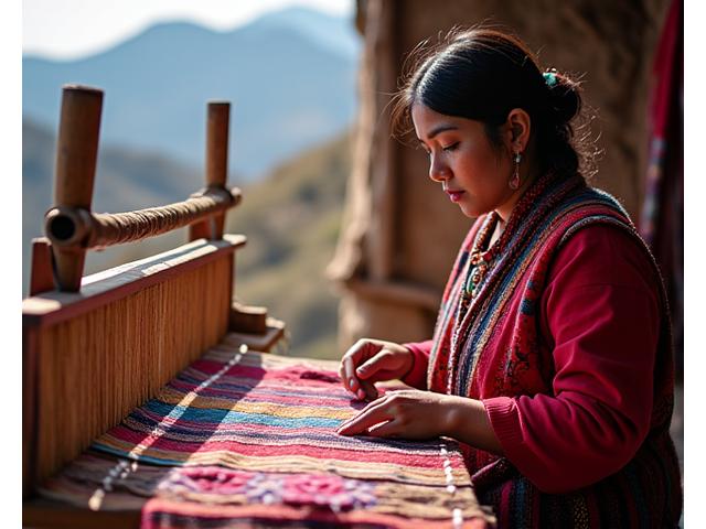 Artesana tejiendo textiles andinos en Perú con paisajes montañosos al fondo