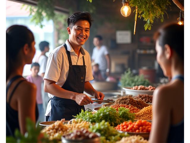 Chef local tailandés enseñando a cocinar en un mercado al aire libre