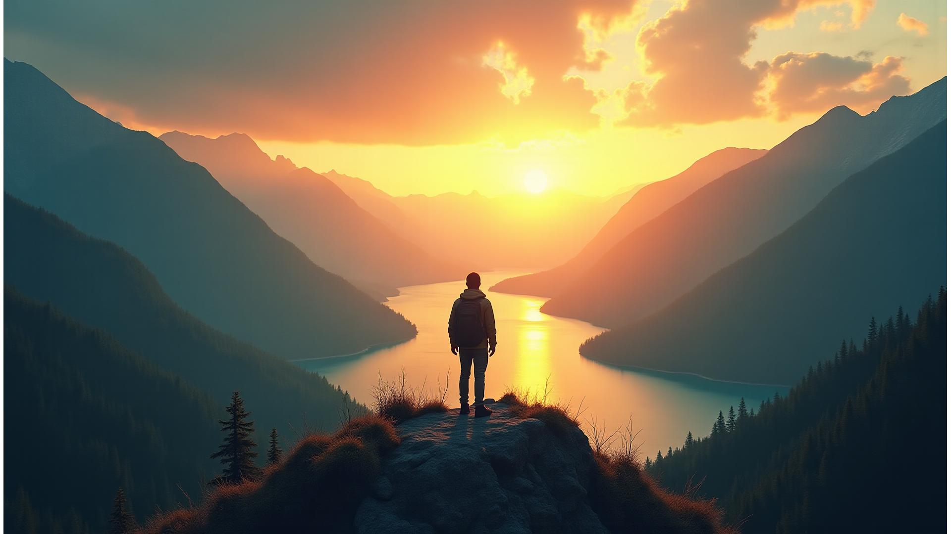 Viajero contemplando un paisaje natural sereno al amanecer, simbolizando un viaje consciente y transformador.