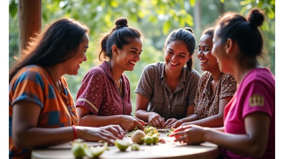 Mujeres de una comunidad indígena riendo y trabajando juntas en un taller artesanal