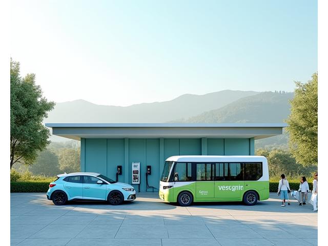 Vehículos eléctricos con logotipos de turismo en una estación de carga innovadora, ilustrando la integración de flotas EV en destinos turísticos.