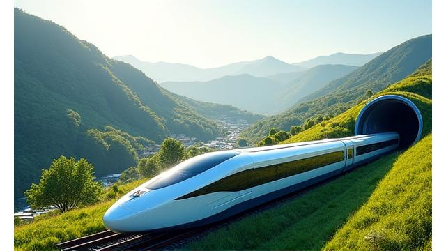Un elegante tren de alta velocidad ecológico saliendo de una estación futurista rodeada de arquitectura verde y drones de reparto eléctricos, simbolizando la revolución de la movilidad verde.