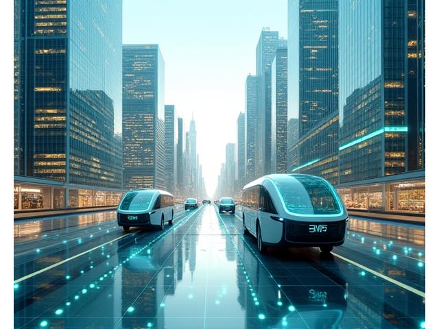 Una representación futurista de una ciudad inteligente con sensores IoT, coches autónomos y puntos de carga de vehículos eléctricos conectados a una red de datos.