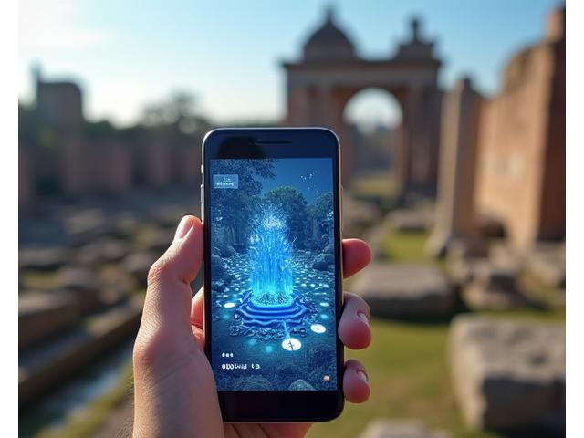 Persona usando un smartphone para ver una superposición de realidad aumentada de información histórica sobre un monumento real.