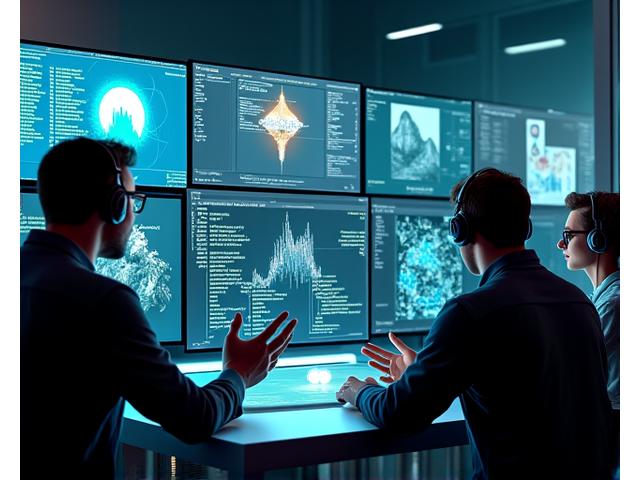 Un equipo de profesionales (un artista 3D, un ingeniero de audio, un videógrafo 360) trabajando colaborativamente en un entorno de estudio futurista, con pantallas mostrando modelos 3D y secuencias de video inmersivas.