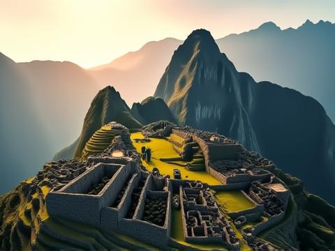 Recreación virtual fotorrealista de Machu Picchu, mostrando la antigua ciudadela inca bajo una suave luz del sol.