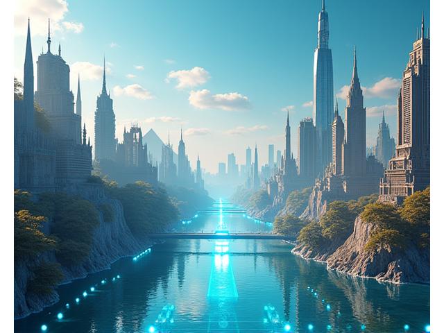Un paisaje digital futurista con elementos icónicos de viajes (ej. pirámides, rascacielos) flotando en un espacio tridimensional interconectado, representando el metaverso turístico.