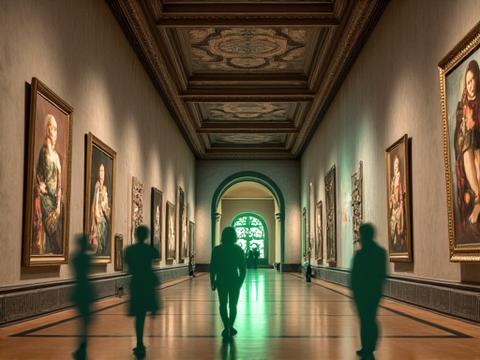 Representación virtual de una sala del Museo del Prado, con obras de arte detalladas y visitantes virtuales interactuando.