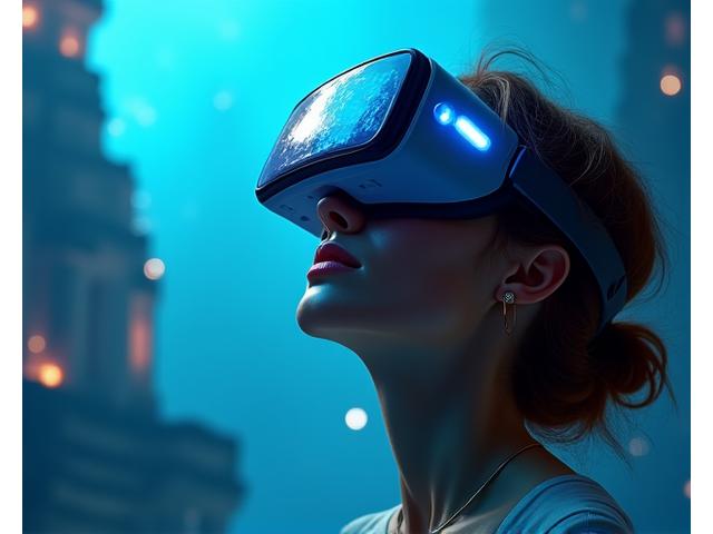 Persona experimentando un tour virtual de un destino exótico con gafas VR de última generación.