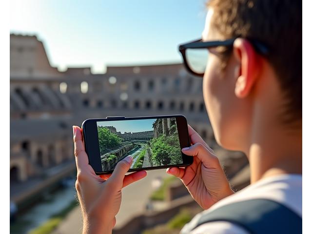 Un turista utilizando una aplicación de realidad aumentada para explorar un sitio histórico, viendo información digital superpuesta sobre el mundo real a través de la cámara de su smartphone.