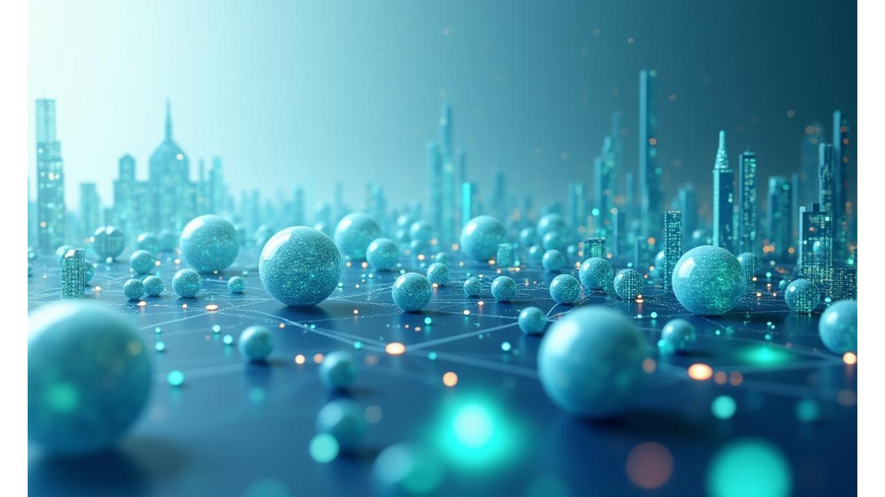 Representación interactiva de tecnologías emergentes como IA, IoT y Realidad Aumentada aplicadas al customer journey turístico con líneas de conexión y nodos de datos.