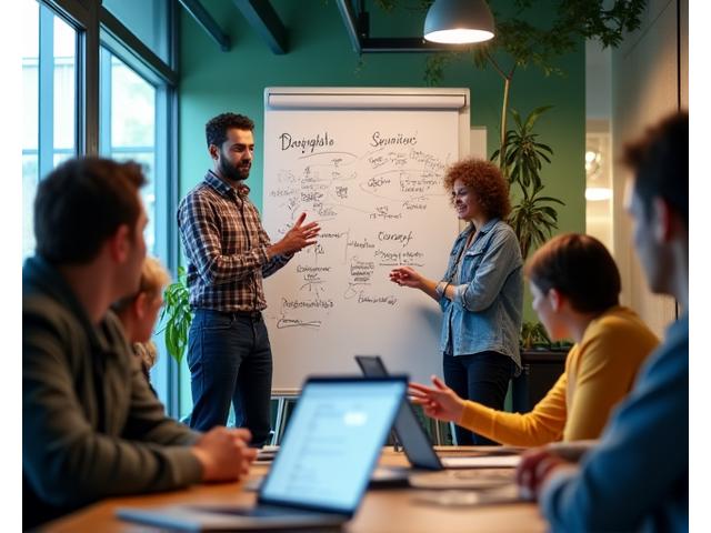 Un grupo diverso de emprendedores de startups interactuando en un espacio de coworking moderno y lleno de luz, utilizando pizarras blancas y laptops, simbolizando colaboración e innovación en travel tech.