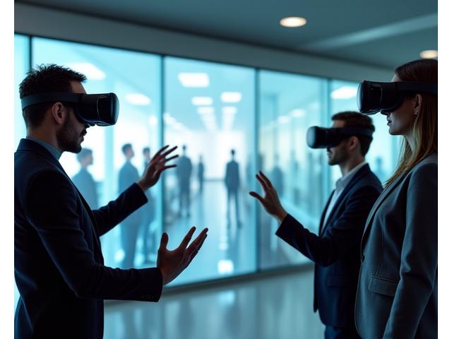 Un grupo de profesionales del turismo usando cascos de realidad virtual en un entorno de oficina moderno, participando en una simulación de capacitación inmersiva para atender situaciones en un hotel o aeropuerto.