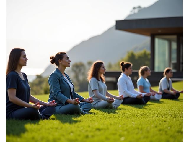 Grupo de ejecutivos meditando en un entorno natural al aire libre, simbolizando el bienestar corporativo y el team building.