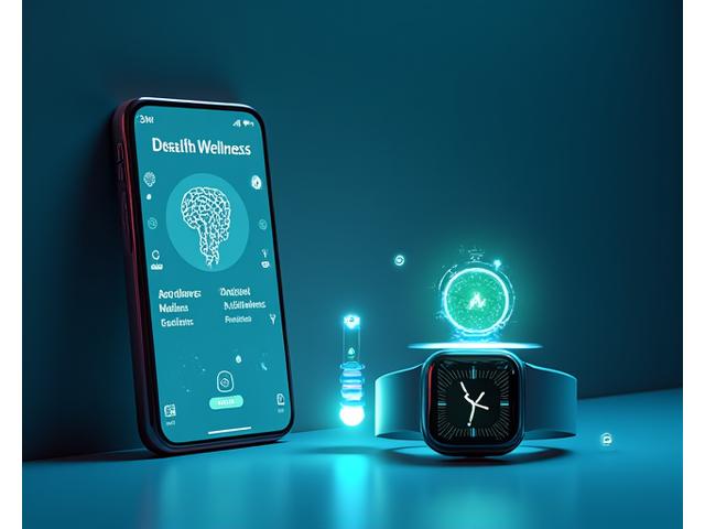Ilustración de una aplicación de bienestar con integración de wearable y elementos de realidad virtual, en un entorno digital futurista.