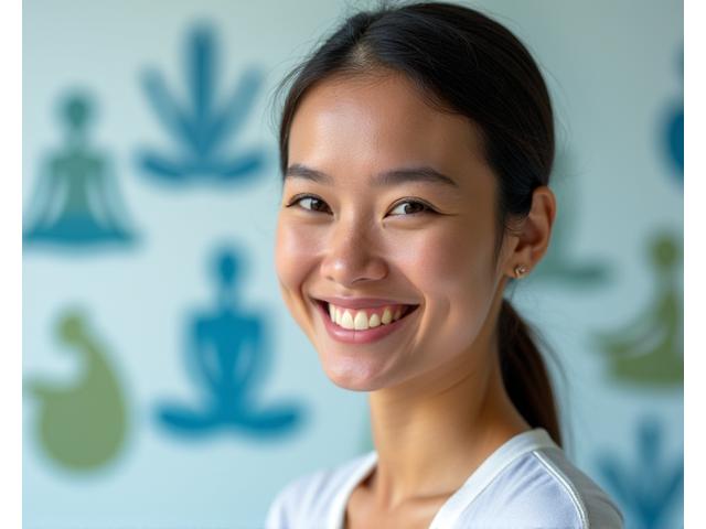 Retrato de un practitioner wellness certificado, sonriendo y en un ambiente sereno de consulta, con símbolos de diferentes modalidades detrás.