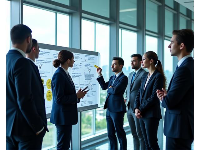 Grupo de ejecutivos globales en una sesión de brainstorming innovadora en un edificio moderno con vistas panorámicas, simbolizando colaboración y aprendizaje.
