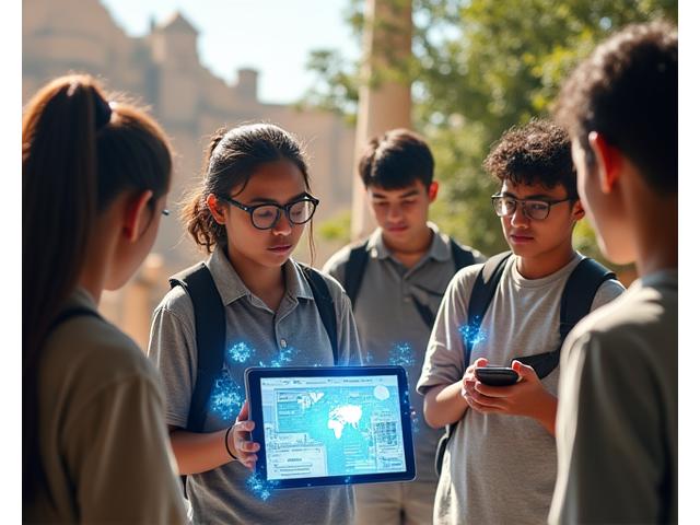 Estudiantes internacionales participando en un taller de campo con tecnología, representando aprendizaje experiencial y globalización.