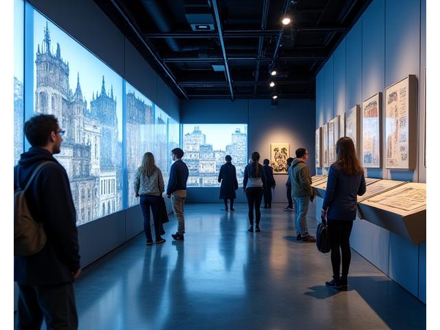 Visitantes interactuando con exhibiciones de realidad aumentada en un museo moderno, fusionando lo histórico con lo digital.