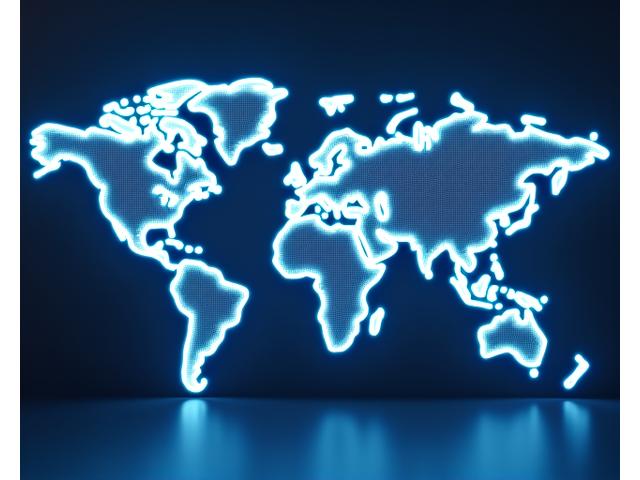 Mapa global estilizado con puntos luminosos que representan una red de universidades interconectadas, simbolizando colaboración académica.