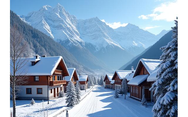 Pueblo alpino con montañas nevadas al fondo, mostrando infraestructura turística sostenible