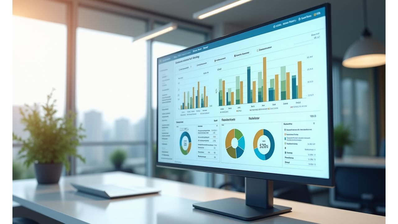 Representación de un dashboard digital con gráficos de datos en tiempo real sobre impacto ambiental y social.