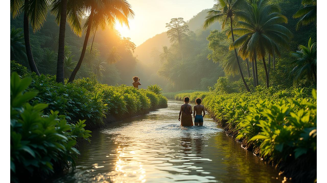Paisaje exuberante y comunidad local interactuando en un destino turístico regenerativo