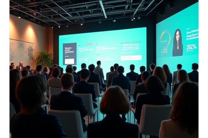Grupo de profesionales interactuando en un evento corporativo moderno, con elementos que sugieren sostenibilidad y tecnología híbrida.