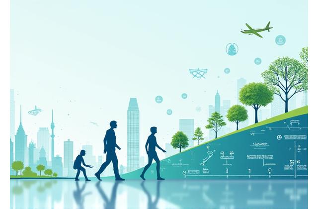 Infografía visualizando la evolución del viaje corporativo hacia la sostenibilidad y la inteligencia, mostrando la reducción de la huella de carbono y el aumento de la satisfacción del empleado.
