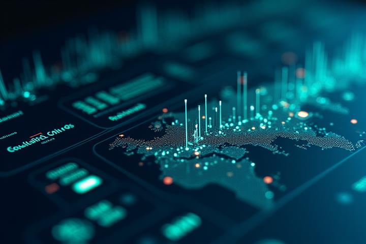 Visualización de un panel de control tecnológico con datos en tiempo real de viajes, mostrando métricas de sostenibilidad y optimización.